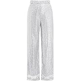 ODIZLI Womens Wide Leg Sparkle Sequin Pants Elastic High Waisted Bling Glitter Dance Pants