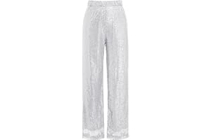 ODIZLI Womens Wide Leg Sparkle Sequin Pants Elastic High Waisted Bling Glitter Dance Pants