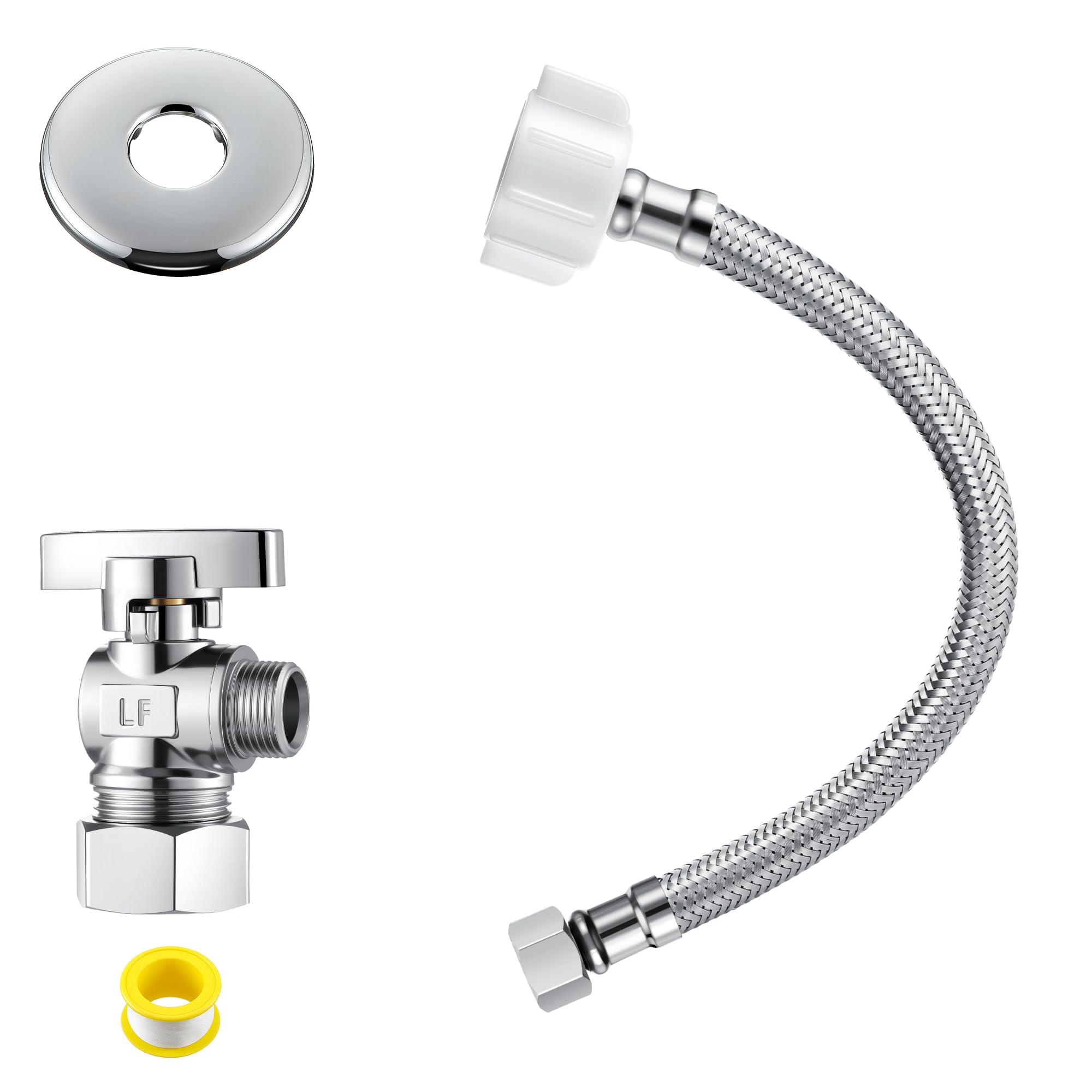 Photo 1 of 1 Pack Complete Toilet Valve Set, Includes 1/2 inch Nom Inlet x 3/8 Inch OD Compression Outlet Angle Shut Off, Stainless Steel Toilet Water Supply Line, Escutcheon Plate, Sealing Tape (9" Hose)