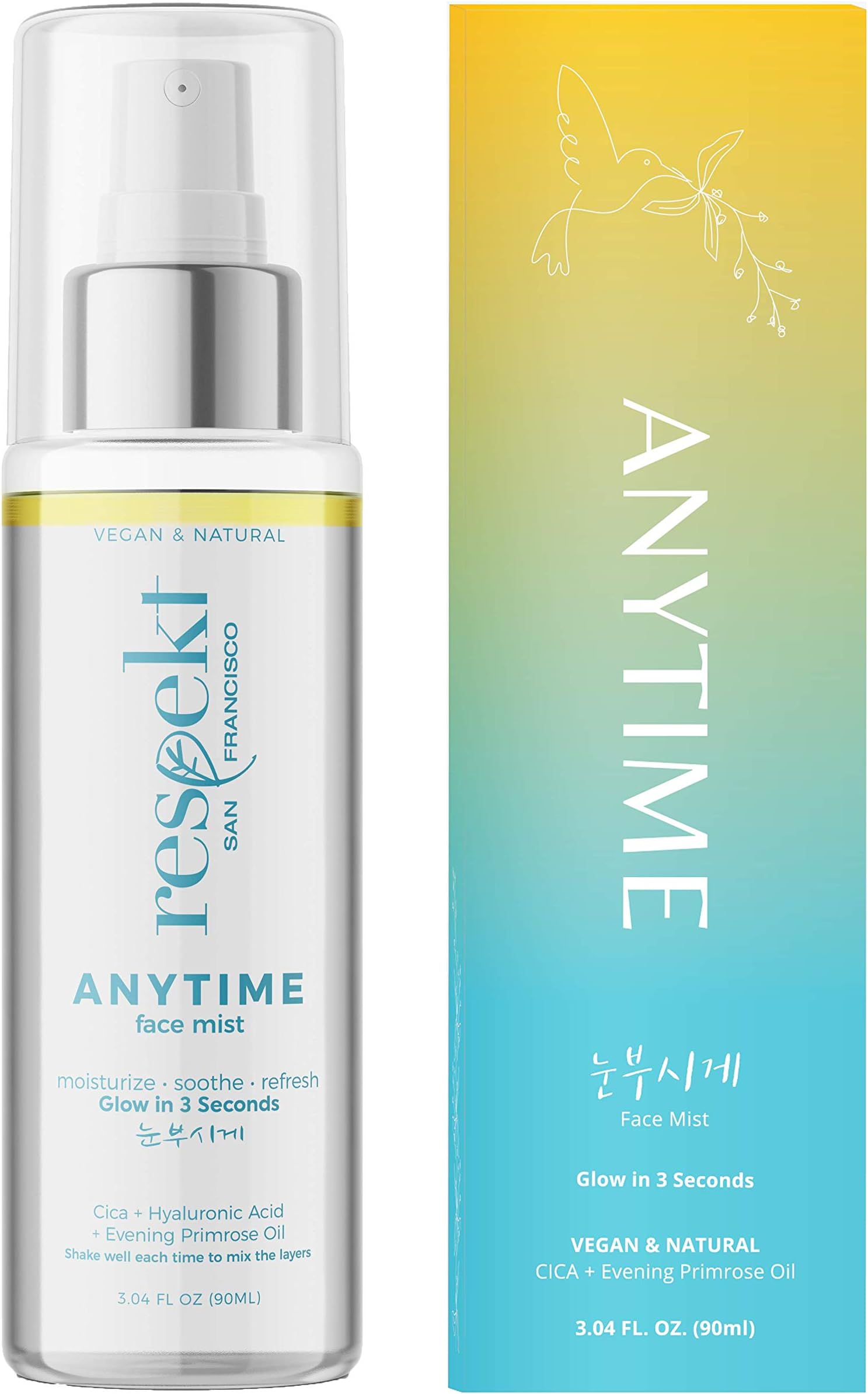 ANYTIME Face Mist 90ML: Vegan, All Natural, Organic Facial Toner Spray | Glow in 3 Seconds with Centella Asiatica(Cica), Hyaluronic Acid, Evening Primrose Oil