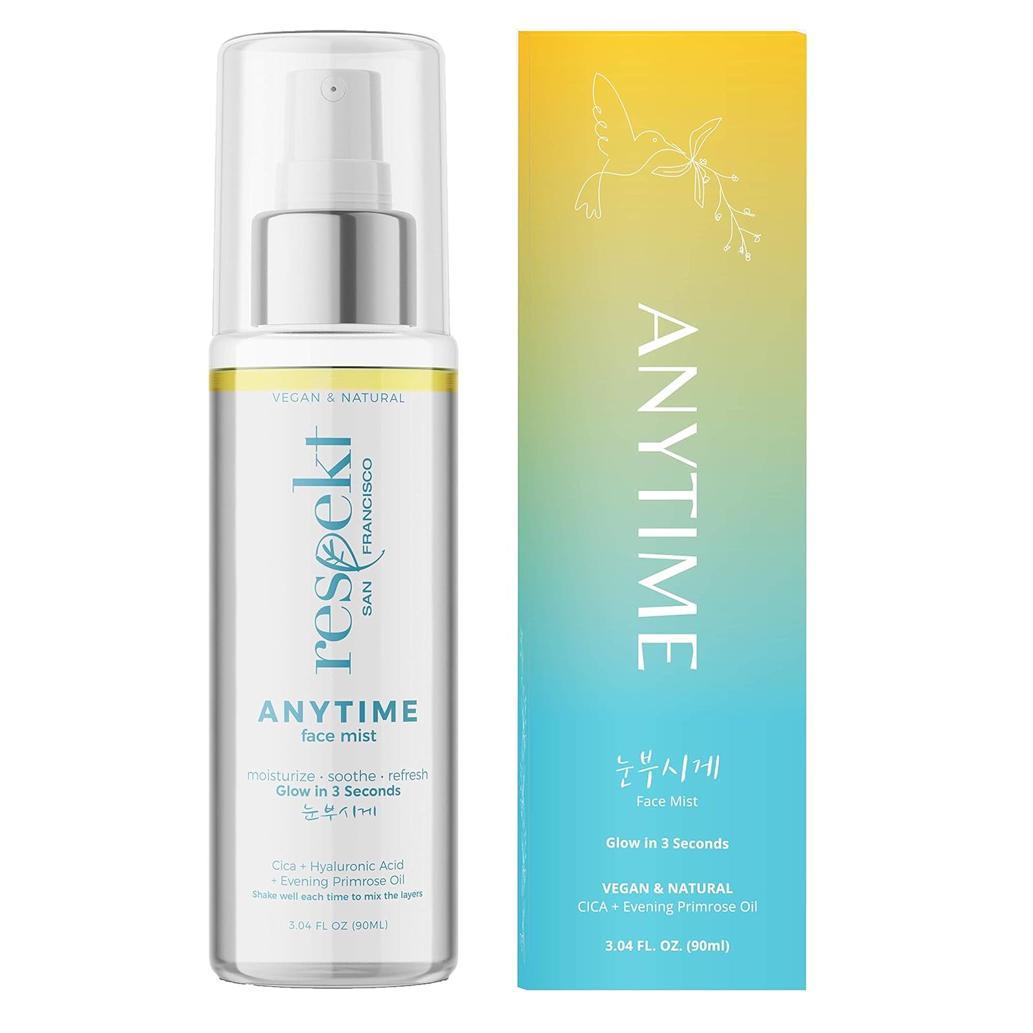 ANYTIME Face Mist 90ML: Vegan, All Natural, Organic Facial Toner Spray | Glow in 3 Seconds with Centella Asiatica(Cica), Hyaluronic Acid, Evening Primrose Oil