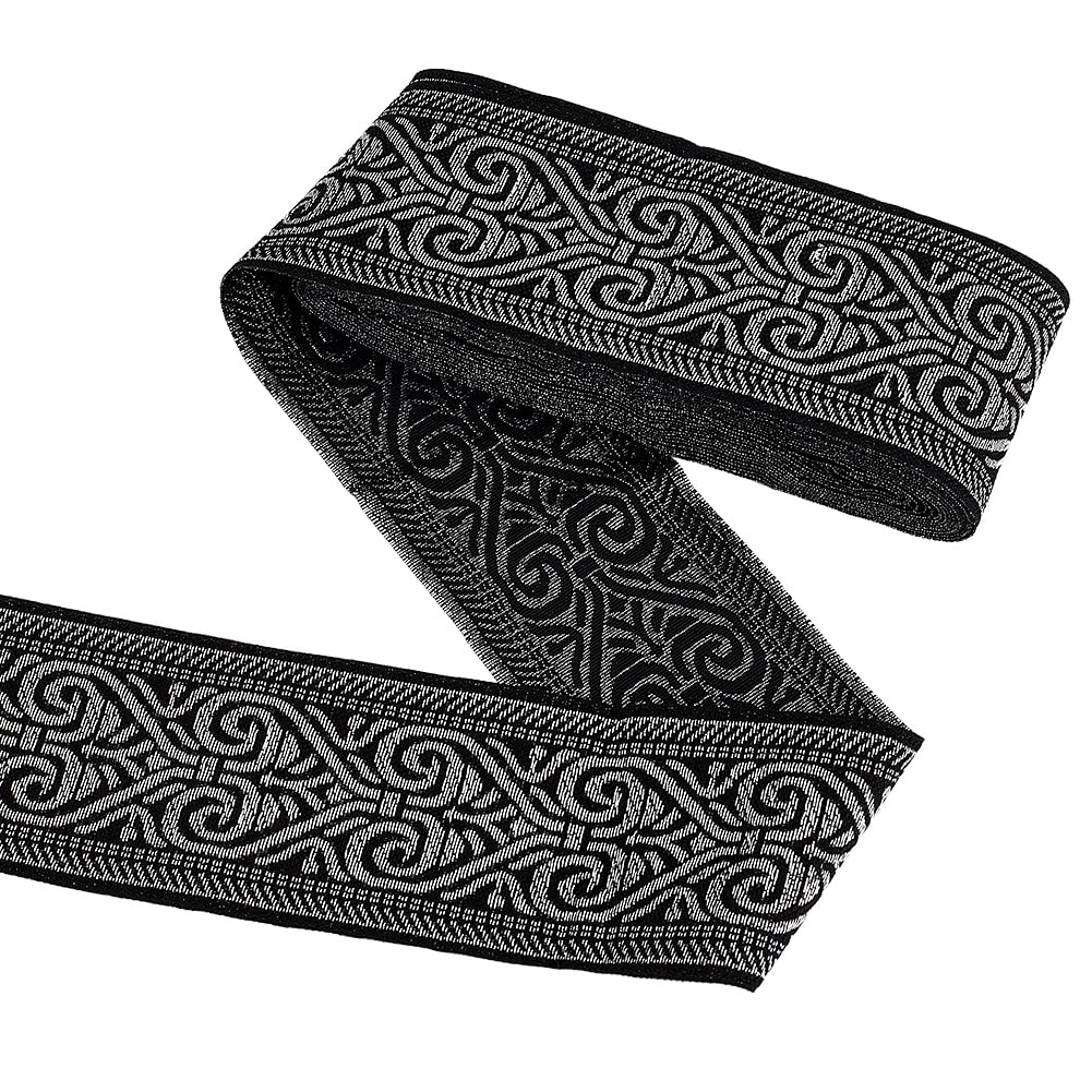 MAYJOY 7m Black Jacquard Ribbon - 50mm Wide Vintage Embroidery Polyester Trim with Heart Pattern for Sewing, Clothing, Bags & Boho Decorations
