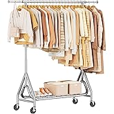 JIEJIERUI Heavy Duty Clothing Rack, Metal Clothes Rack Load 450 LBS, Rolling Coat Racks for Hanging Clothes with Lockable Wheels, Wardrobe Closet Garment Racks for Bedroom, Silver