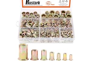Rustark 220-Pcs Assort 8-32UNC 10-24UNC 1/4"-20UNC 5/16"-18UNC 3/8"-16UNC 1/4''-20UNC 5-32''-32UNC Mixed Zinc Plated Carbon Steel Rivet Nut Flat Head Insert Nutsert Assortment Kit