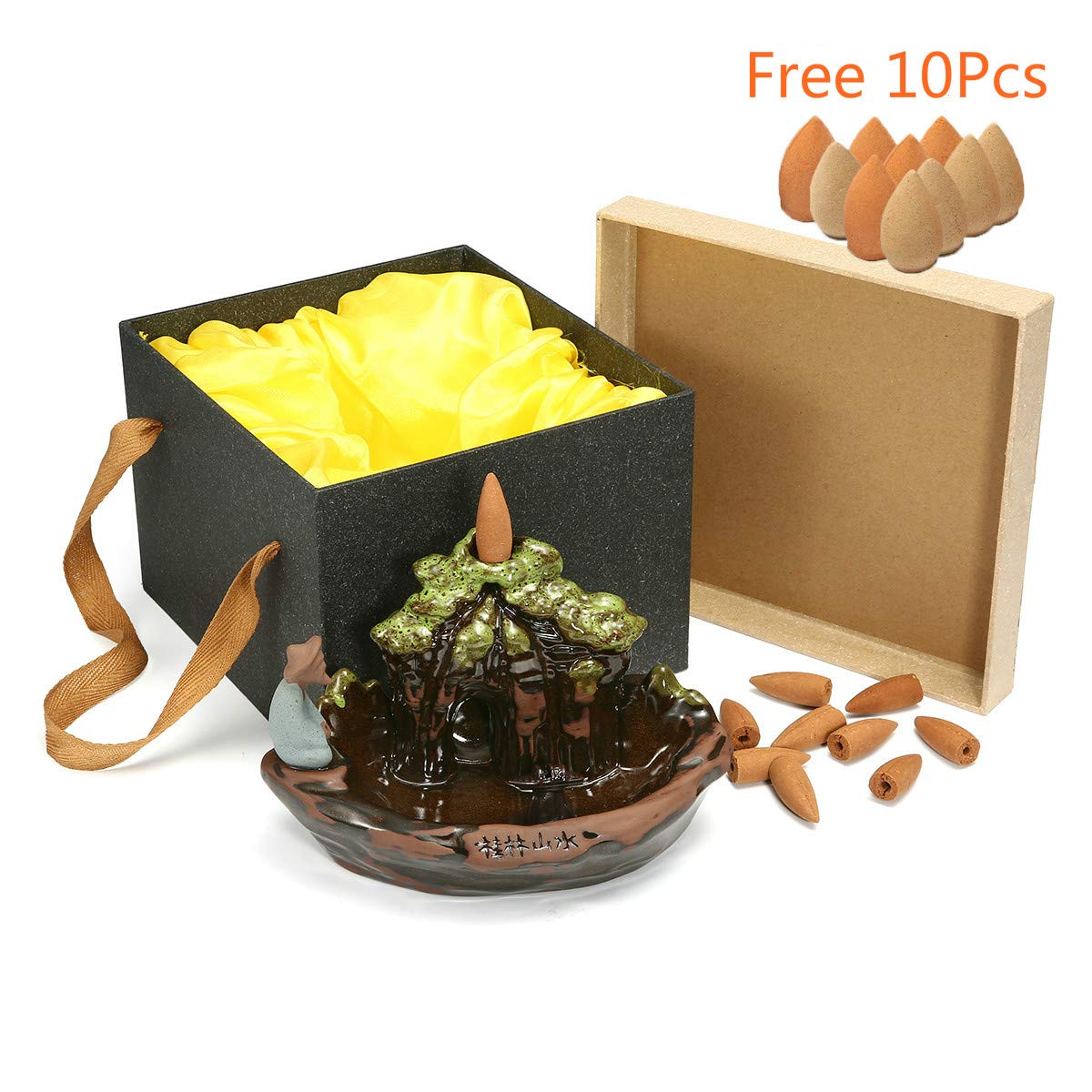 Jeteven Big Ceramic Incense Burner Backflow Incense Burner Holder + 10pcs Incense Cones Incense Stick Holder for Home Office Decor 7.48\'\'X4.53\'\'X4.72\'\'