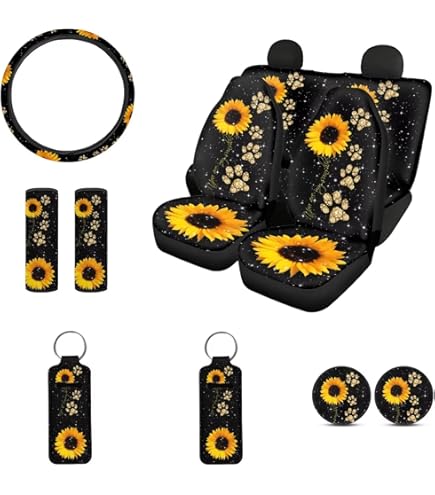 Sunflower & Paw Print Car Seat Covers – 2-Piece Set, Ultra Soft, Waterproof, For Car, SUV, Truck Front Seats