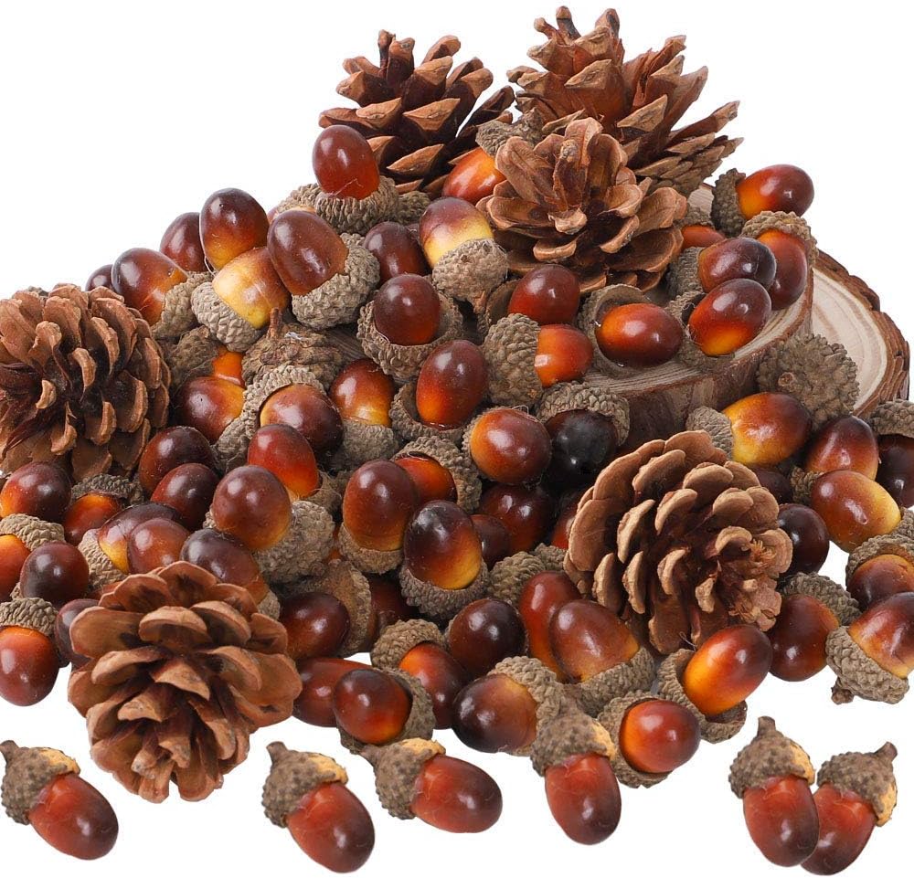 AGEOMET 160pcs Artificial Acorns and Pinecones Set Hanging Ornaments for Christmas Décor