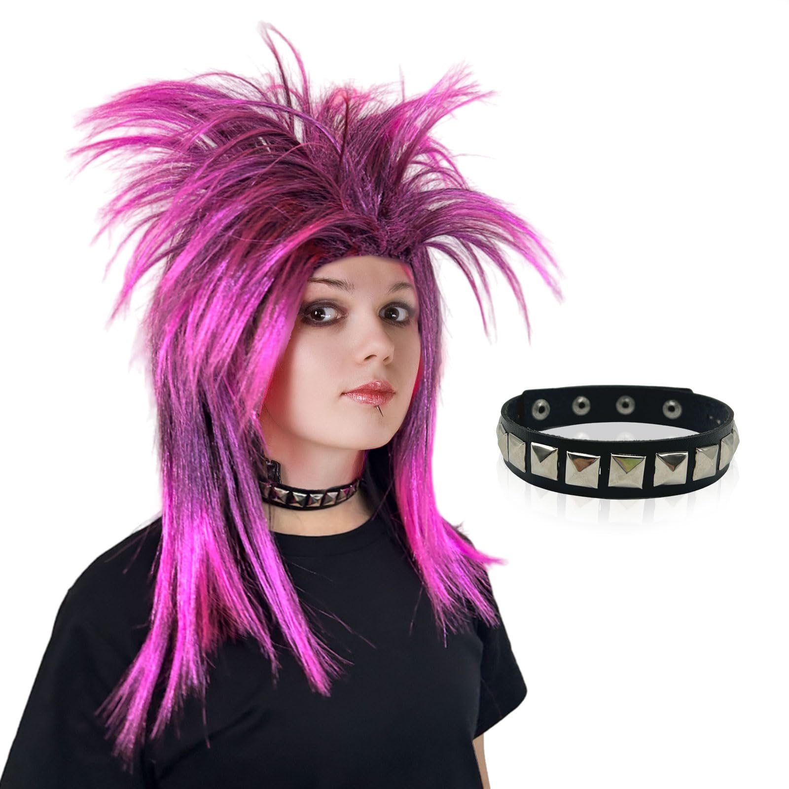 UILYNIU 80s Pink Rock Diva Wig With Choker Unisex, Long Mullet Adult Dress Up Wigs Hippie Rocker Wig Punk Disco Costume, Fancy Dress Party Carnival Halloween Cosplay (Pink)