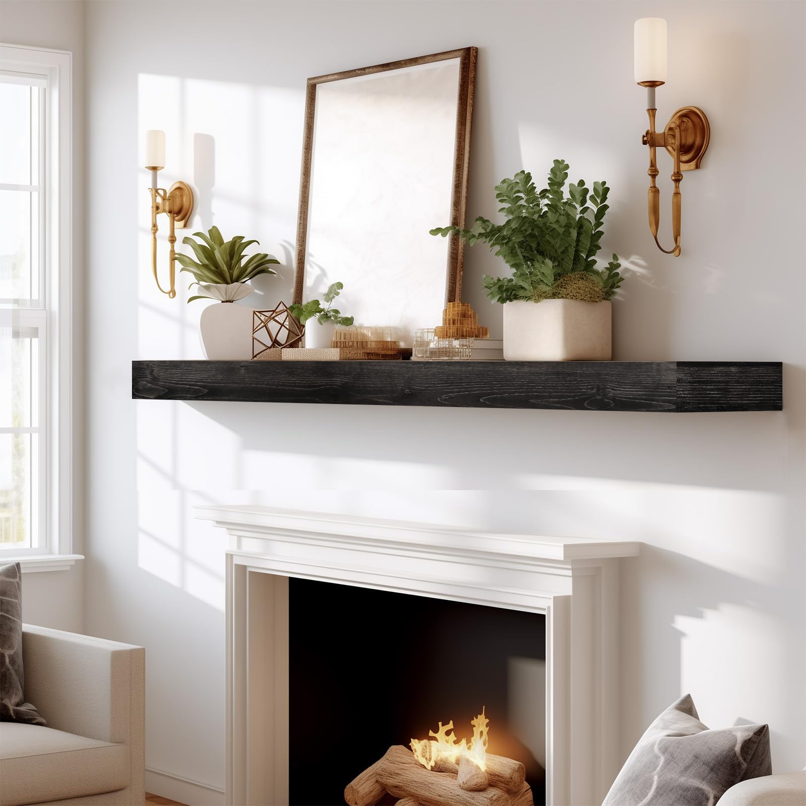 Photo 1 of YLYHSST Fireplace Mantel Handmade, 3'' Thick Wall Decor Long Floating Shelf, 60inch Rustic Wood Shelf with Invisible Brackets, Black