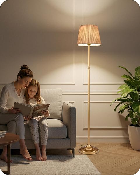 GOEBLESON DIMMABLE FLOOR LAMP FOR LIVING ROOM, 68″ TALL STANDING LAMP, READING LIGHT WITH REMOTE & FOOT PEDAL, 10W LED BULB (3000K-6500K) INCLUDED, FCC LISTED, REINFORCED BASE, GOLD AND BEIGE DE12LD05