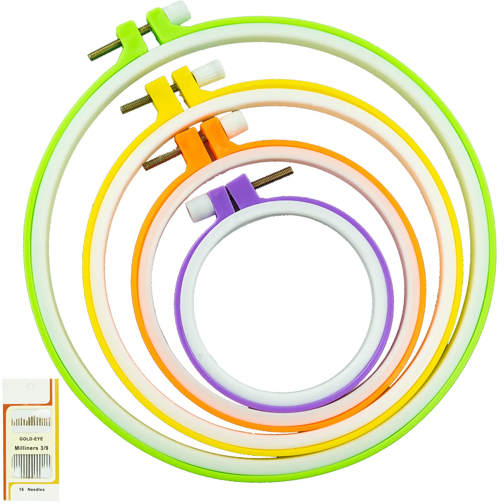 SZCXDKJ 4 Sizes Colorful Round Embroidery Hoop Set Plastic Circle Cross Stitch Hoop Rings for DIY Craft Sewing,Including 16pcs Gold Eye Sewing Needles,Embroidery Hoop