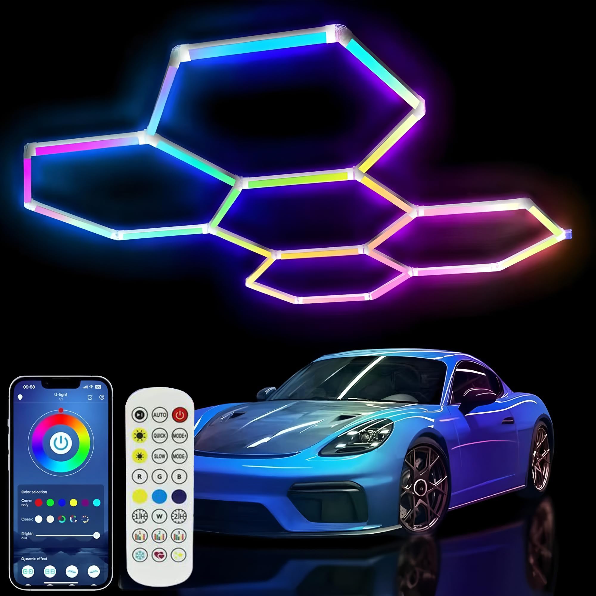 Photo 1 of ZTANHOUSE 25Pack RGB Hexagon led Garage Lights,5 Hexagon Light with Multi Color,Dimmable&Speed Adjustable RGB Hex Wall Lights,DIY Design for Remote Control & Smart App Control Music Modes