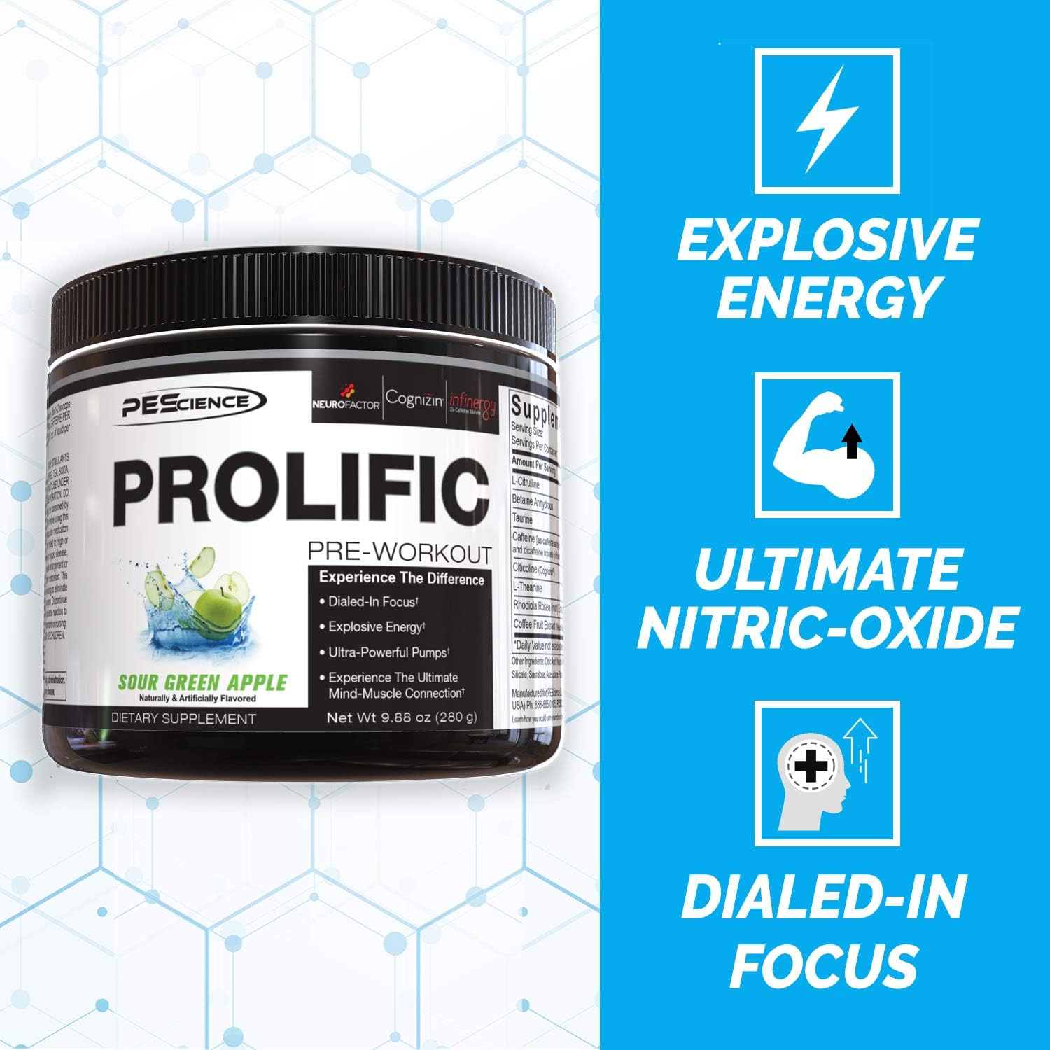 PEScience Prolific Pre Workout Powder, Sour Green Apple, 40 Scoop, Energy Supplement with Nitric Oxide: Health & Personal Care