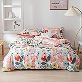 Floral Botanical Duvet Cover Queen, 100% Cotton 3 pcs Queen Botanical Bedding Set for Girls, Reversible Floral Themed Blossom Fresh Plant Duvet Cover, with Zipper Closure, Breathable (No Comforter)