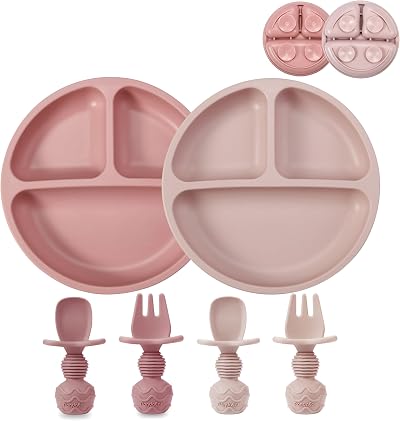 PandaEar 2 Pack Silicone Baby Suction Plates with 2 Spoons 2 Forks Pink
