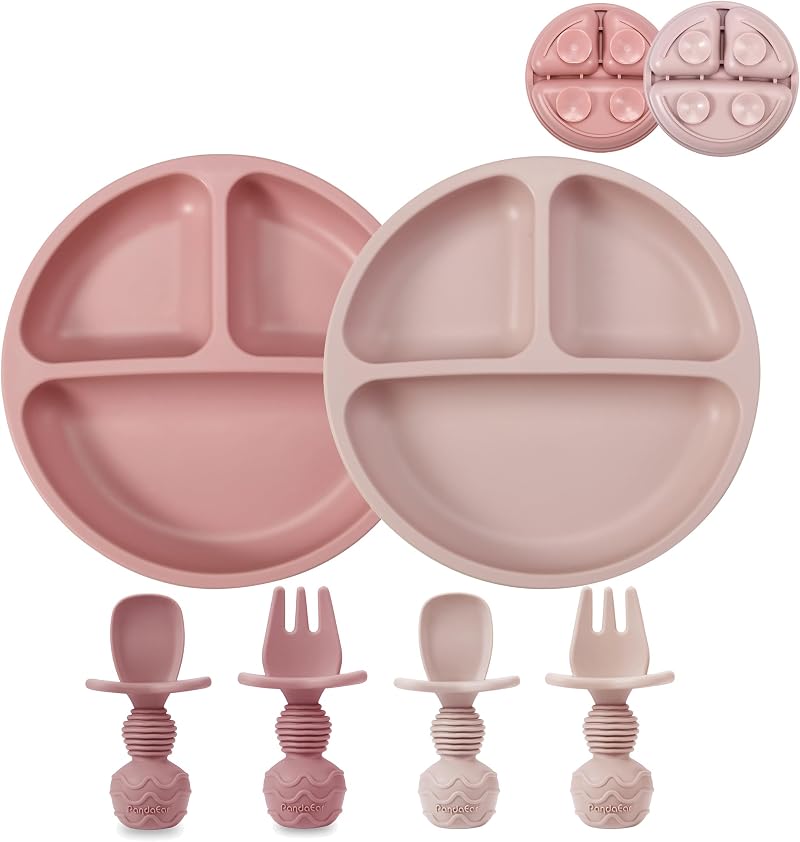 PandaEar 2 Pack Silicone Baby Suction Plates with 2 Spoons 2 Forks Pink