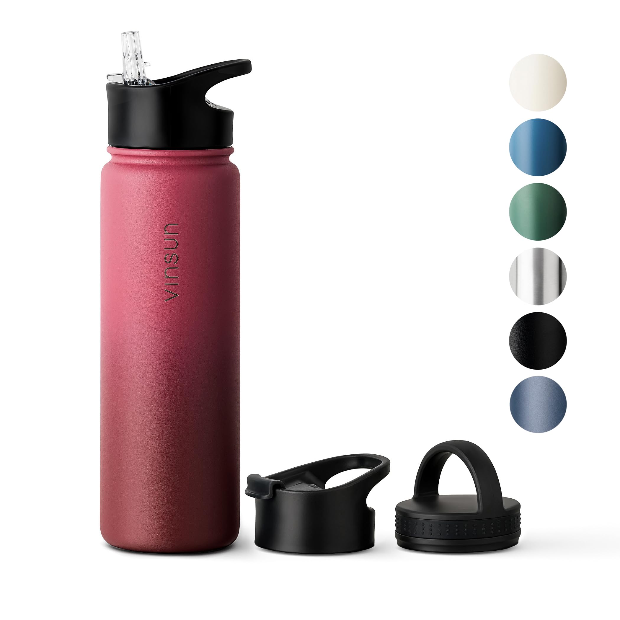 Vinsun Stainless Steel Water Bottle 750ml - 3 Lids - Leakproof, BPA Free, Hot and Cold Drinks - Vacuum Insulated Thermo Flask - Travel, Sports, Gym, School, Work