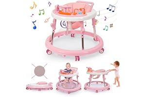 Wismind Music and Lights Baby Walker Foldable with 9 Adjustable Heights, Baby Walker with Wheels Portable, Baby Walkers and Activity Center for Boys Girls Babies 7-18 Months