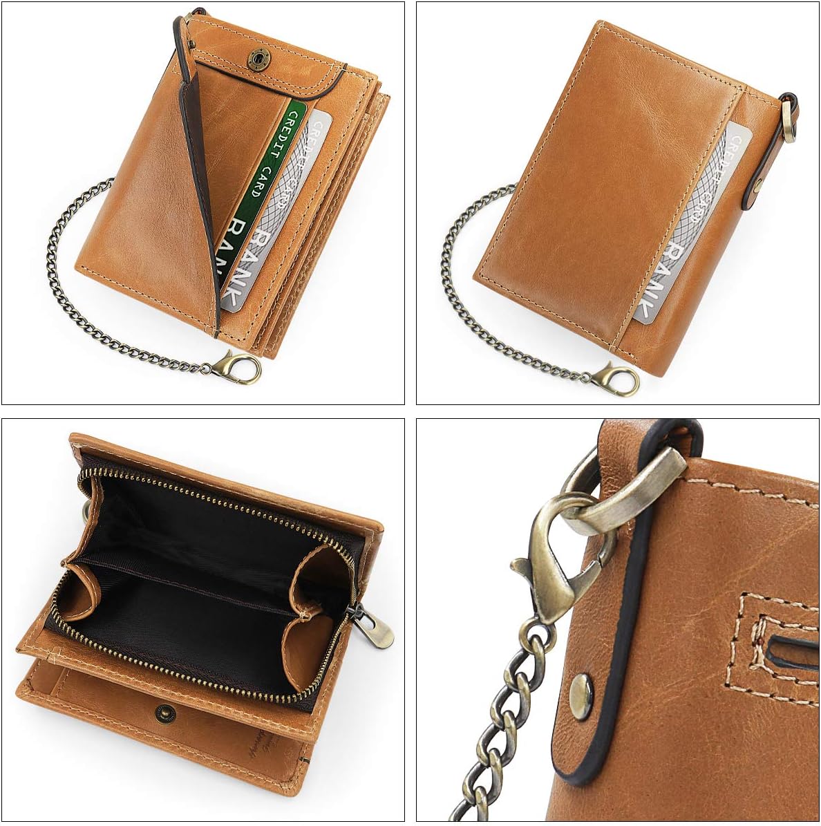 HNOOM Mens Wallet RFID Blocking Genuine Leather Wallet with Chain Bifold Slim Wallets for Men 14 Card Holder and Zipper Coin Pocket - Image 5