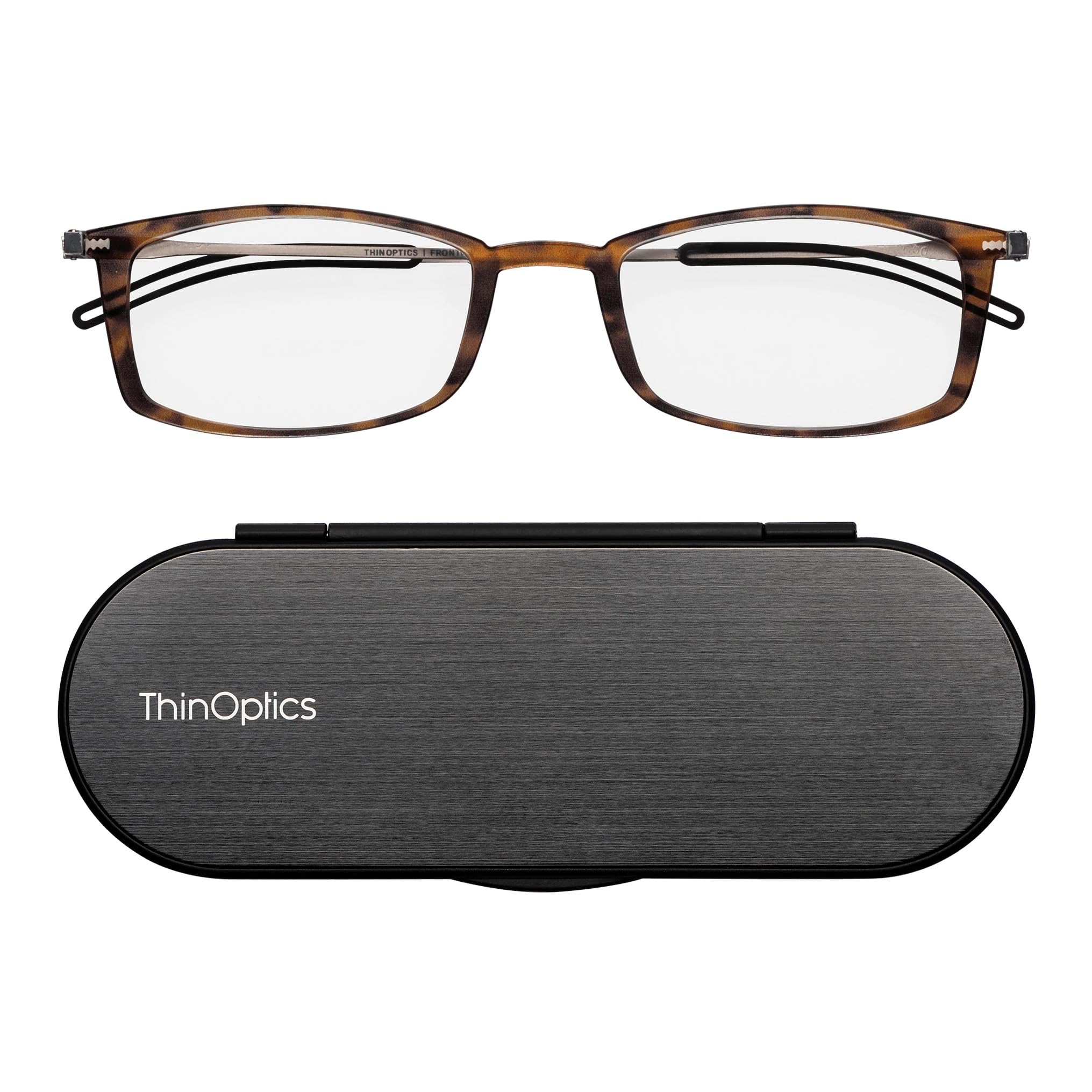 ThinOptics Brooklyn Reading Glasses 2.00 Rectangular Tortoiseshell Frames With Milano Magnetic Case - Thin Lightweight Compact Readers 2.00 Strength