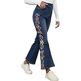 Grosy Boho Floral Embroidered Mom Jeans for Women Plus Size High Waisted Bell Bottom Bohemian Denim Pants Flare Jeans