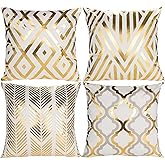 HOSTECCO White and Gold Throw Pillow Covers 18x18 inches Set of 4 Gold Geometric Pillow Cases Square Decorative Cushion Covers for Sofa Couch Office
