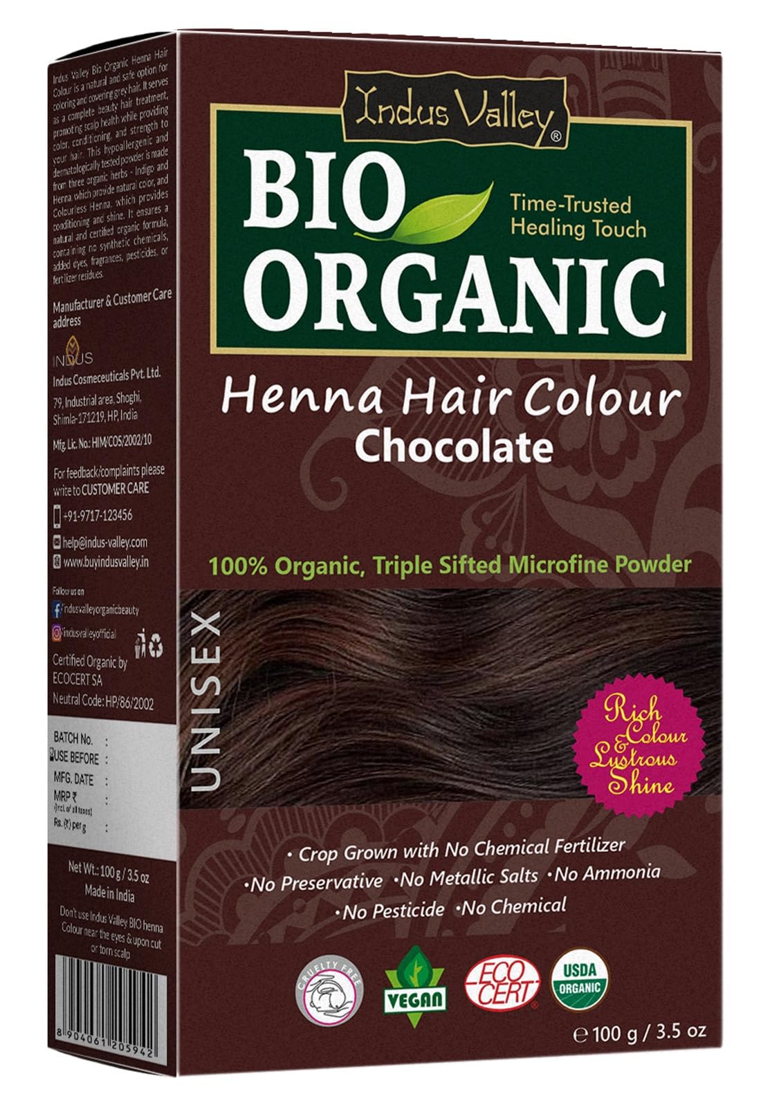 Henna Hair Dye Colour Chocolate 100% Pure Organic Chemical Free Herbal Powder 100g (1 Pack) by Indus Valley