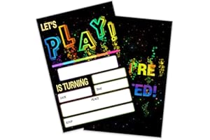 SHLINCO Glow Let's Play Birthday Party Invitations For Boys Girls, Neon Party Invites For Kids, Double Sided Design(20 Cards + Envelopes)