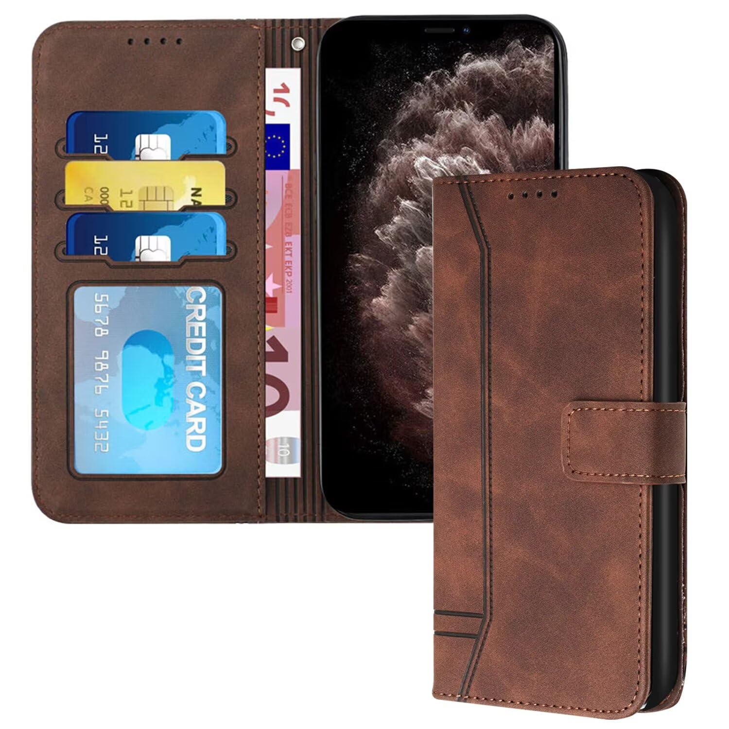 GoodcAcy for Nokia C32 4G Case Leather Wallet Book Flip Folio Stand View Magnetic Closure with Card Slots Cover Case Compatible with Nokia C32 4G (Brown)