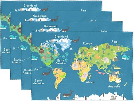 Amazon かわいい動物の世界地図 プレース マット ダイニング 滑り止め 耐熱 テーブル 用 プレイス マット 4セット ランチョンマット オンライン通販