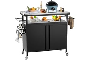 Nessxa Outdoor Grill Cart Bar Cart with Storage Cabinet for Grilling Accessories, XL Portable Outdoor Grill Table with Stainless Steel Top for Kitchen Prep, Lawn & Garden（Black）