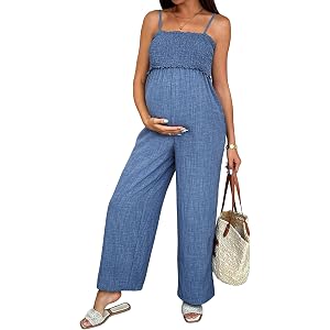 BLENCOT Women's Smocked Maternity Jumpsuit Loose Overalls | Summer Sleeveless Square Neck Adjustable Strap Wide Leg Long Pant