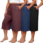 Huukeay 3 Pack Women's Plus Size Capri Pants, Wide Leg Drawstring Capris Sweatpants Loose Cropped Yoga Pants with Pockets