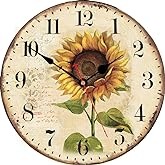 VIKMARI Art Decorative Arabic Numeral Wooden Wall Clock Battery Operated Quartz Silent Round Clocks 14 Inch Sunflower Hanging