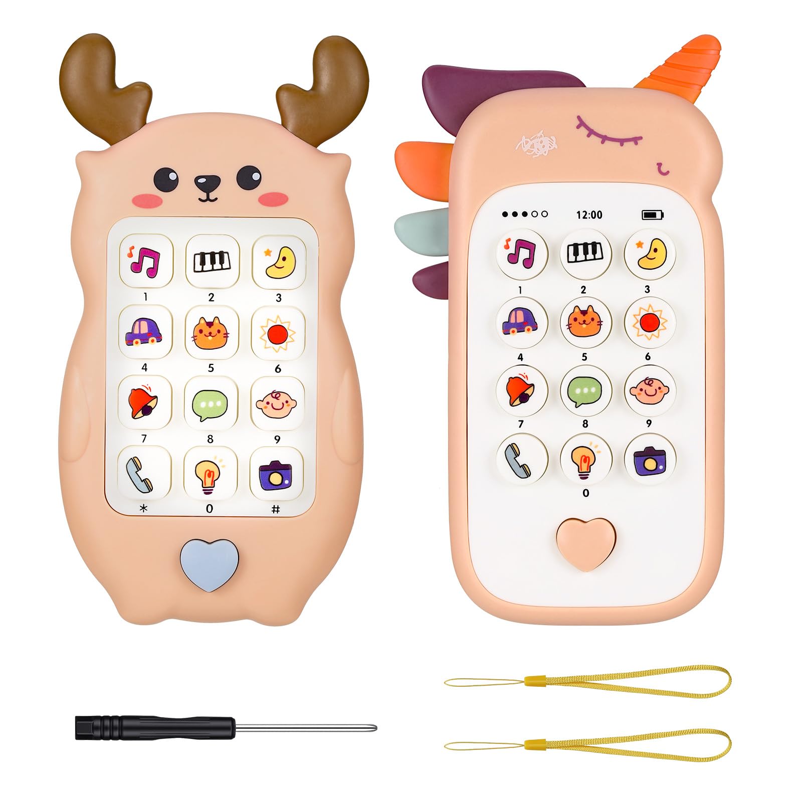 Starvortex Kids Toy Phone 2PC, Educational Baby Musical Toys for 1 Year Old Girls Boys with 2 Modes, Teething Baby Phone Toy ABS Silicone, Sound Toys for 1 Year Old Girl Gifts