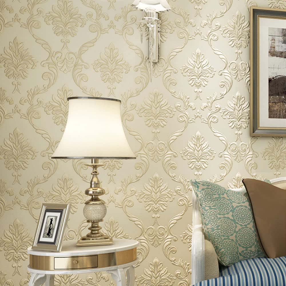 通用 20.87″Wx393.7″L Damask 3D Embossed Modern Minimalist Restaurant Bedroom Living Room TV Background Non-Woven Wallpaper 20.87″Wx393.12″L Non-Pasted (Light Beige)