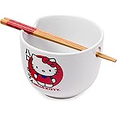 Silver Buffalo Sanrio Hello Kitty Japanese Ceramic Ramen Noodle Rice Bowl with Chopsticks, Microwave Safe, 20 Ounces