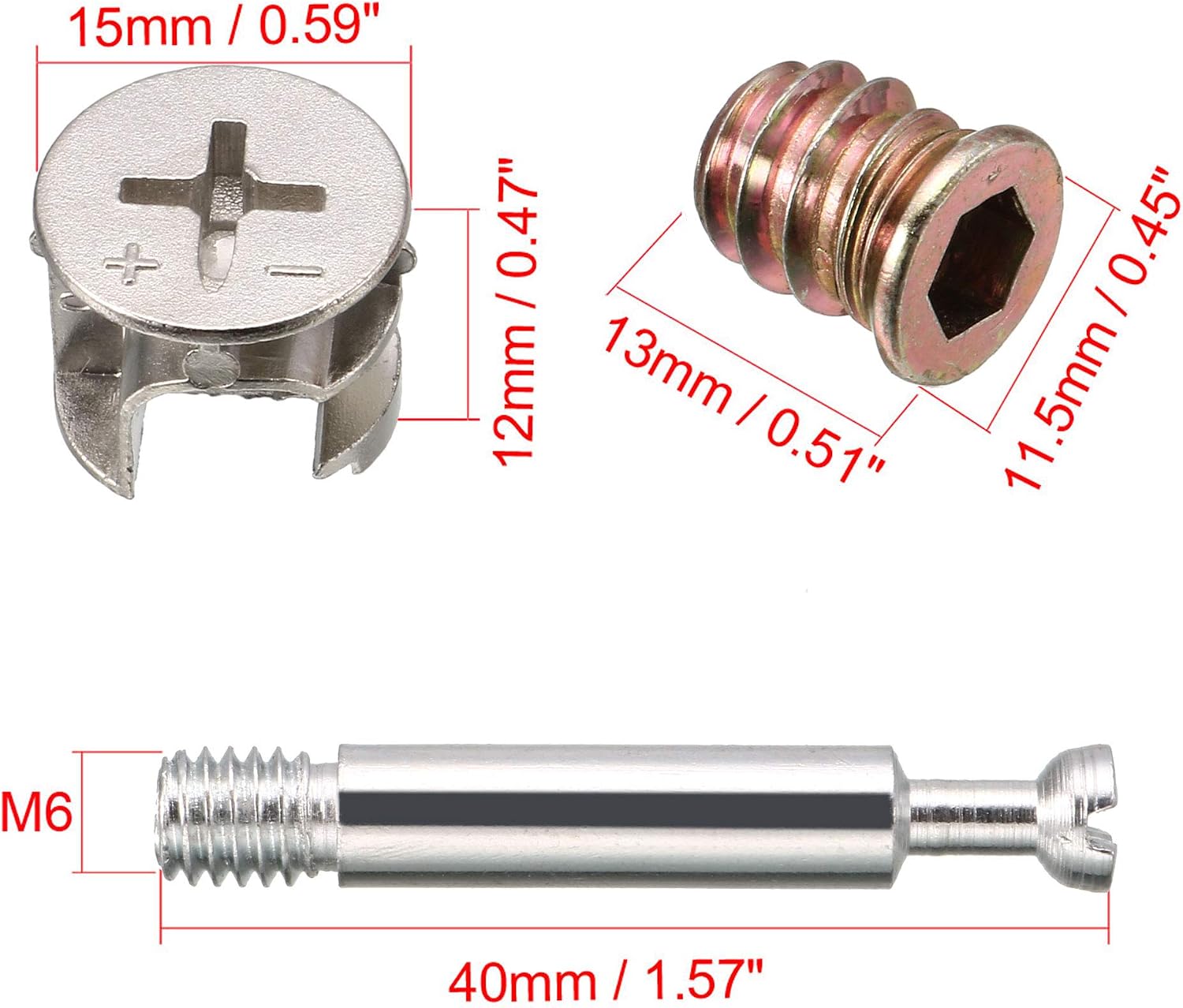 sourcing map 3-in-1 Furniture Connecting Kit 15mm Outer Dia Cam Fitting, M6x40mm Dowel Screws, M6 Pre-Inserted Nut 10 Sets - Image 3