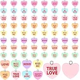 Augshy 64 Pcs Valentine Heart Charms Conversation Heart Resin Charms Conversation Heart Beads Flat Heart Pendant for Valentine's Day DIY Craft Bracelet Necklace Jewelry Making