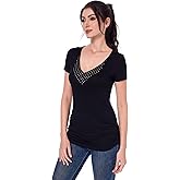 AmélieBoutik Women Casual Studded V-Neck Ruched Side Slim Fitted Short Sleeve Blouse Tops