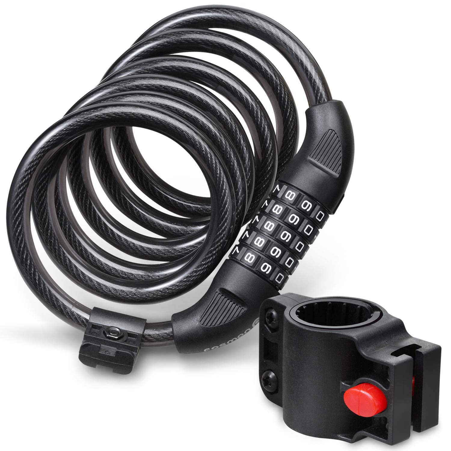 Bike lock Cable (6 Feet / 1.8 Meters), Fosmon Heavy Duty 5-Digit Self Coiling Resettable Combination Code, Bicycle Chain Flexible Steel Security Cable Lock with Bike Mount Holder - Black