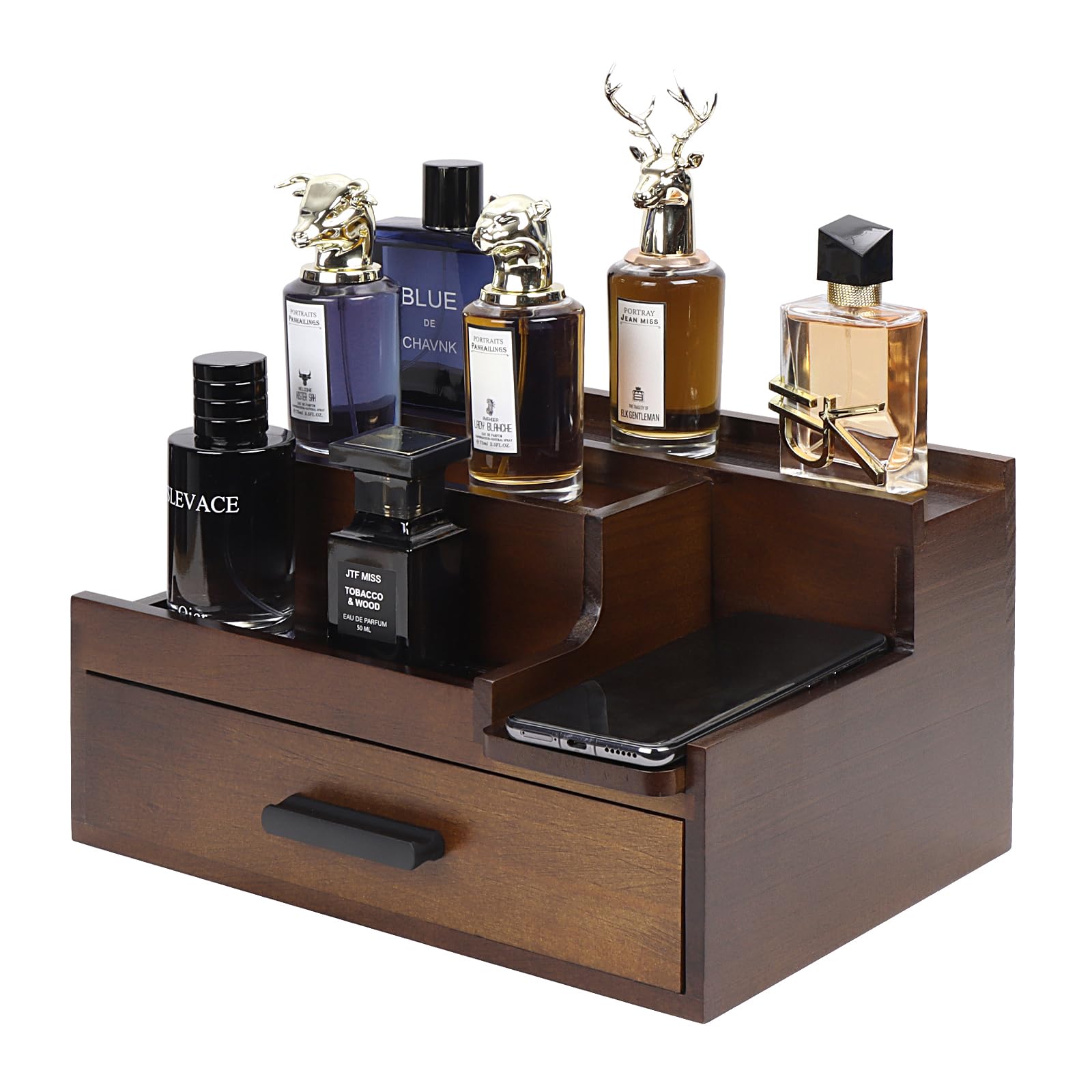 Photo 1 of Butizone Cologne Organizer for Men, 3 Tier Perfume Stand Holder with Drawer and Hidden Compartment, Cologne Display Shelf for Dresser, Great Gift for Man/Father, Deep Brown