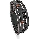 Veshon Men's Leather Cross Bracelet - Black or Brown Multi-Layer Braided Christian Religious Wristband Jewelry for Men, 8.3" & 9.1" Sizes