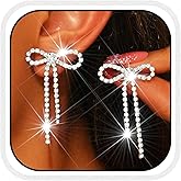 Catery Bow Earrings Silver Ribbon Dangle Earrings Prom Rhinestone Jewelry for Women