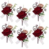 AuroraAria Red Boutonniere for Men,Set of 6,Groom Boutonniere for Wedding,Anniversary,Homecoming,Formal Dinner Party,Wedding Decor,Artificial Red Rose