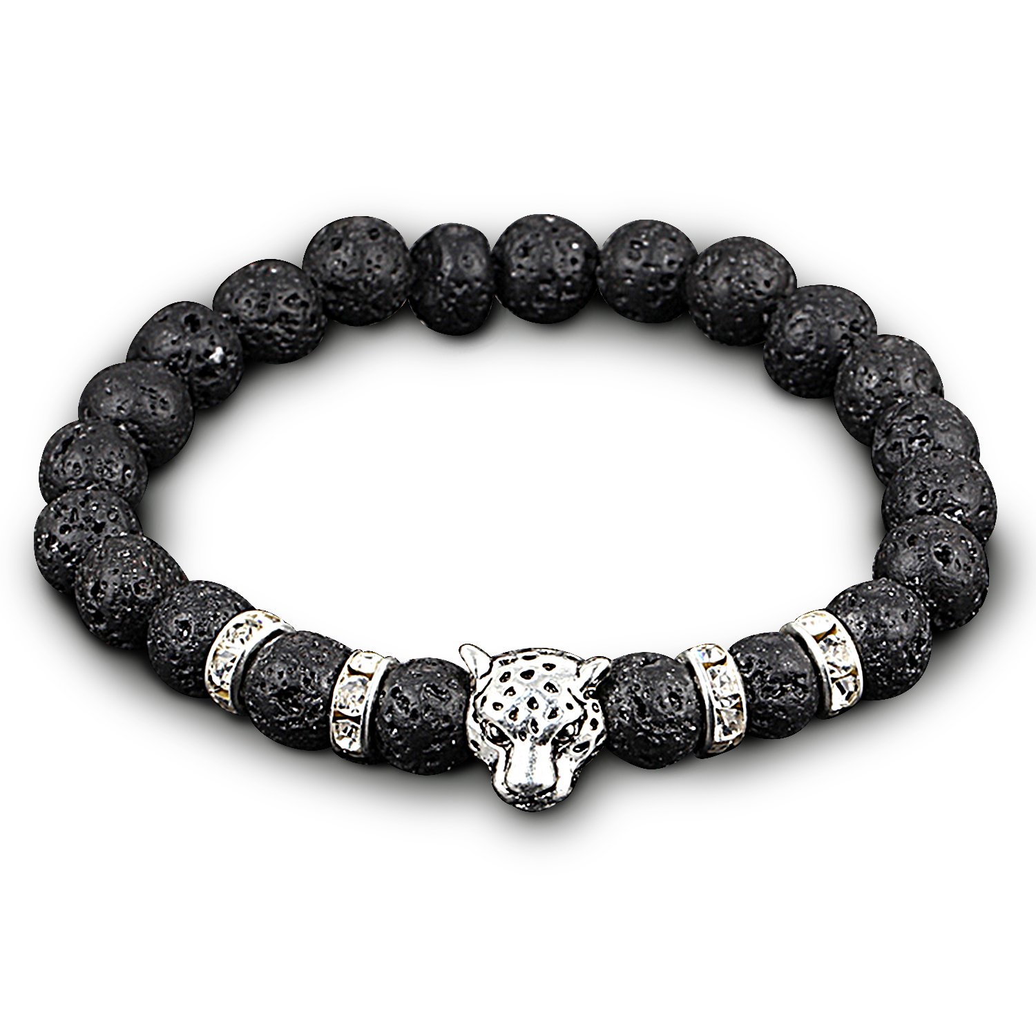UHIBROS Natural Energy Stone Beads Bangle Lava Stone Gemstone Mens Womens Bracelet, Leopard Head, Gold Silver