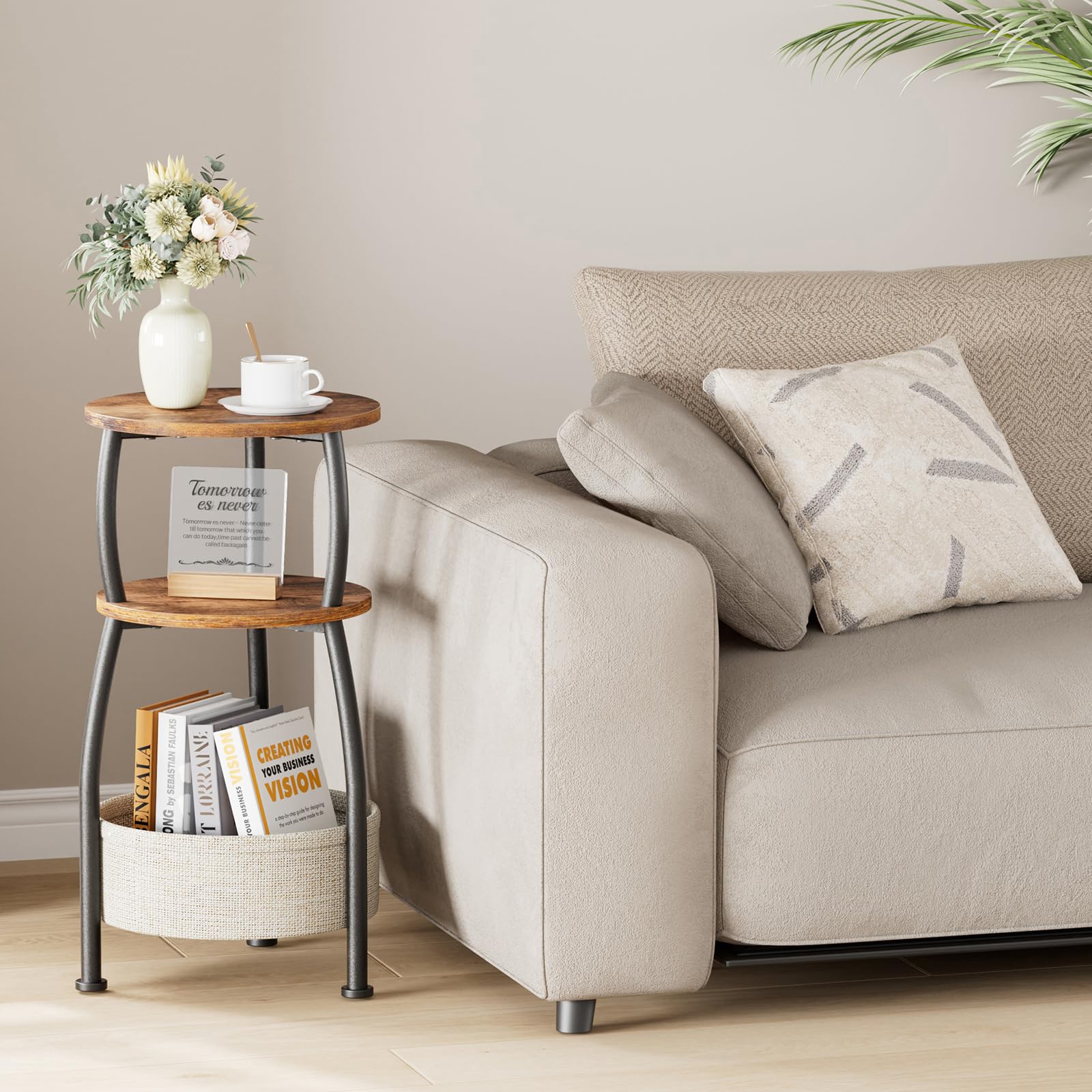 Yuede Round Side Table for Small Spaces with Storage Basket –Small End Table 3-Tier Night Stand Sofa Corner Table for Living Room, Bedroom, Patio and More 24in Tall Rustic Brown