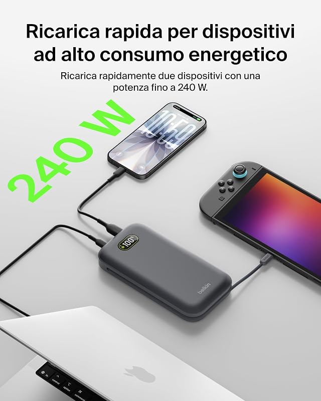 UltraCharge Pro Power Bank 27000mAh, Caricatore Portatile con Cavo USB C Integrato, USB PD 240W, Power Bank Portatile con Carica Rapida per MacBook Pro, iPhone, iPad Pro, Galaxy, Pixel, Carbone