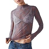 Wyeysyt Lace Tops for Women Mesh Long Sleeve Top Mock Neck Sheer Blouse Sexy See Through Shirts