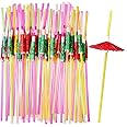 Comfy Package [50 Count] Umbrella Straws, Flexible Plastic Cocktail Straws - Assorted Colors Swizzle Sticks - Fancy Mini Umbrella Drinking Straws for Hawaiian Beach Cocktail Luau Party Decor